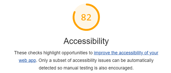 Screenshot of a Lighthouse report accessibility section with a score of 82